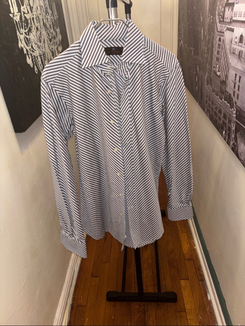 Etro Navy and White Diagonal Stripe Dress Shirt